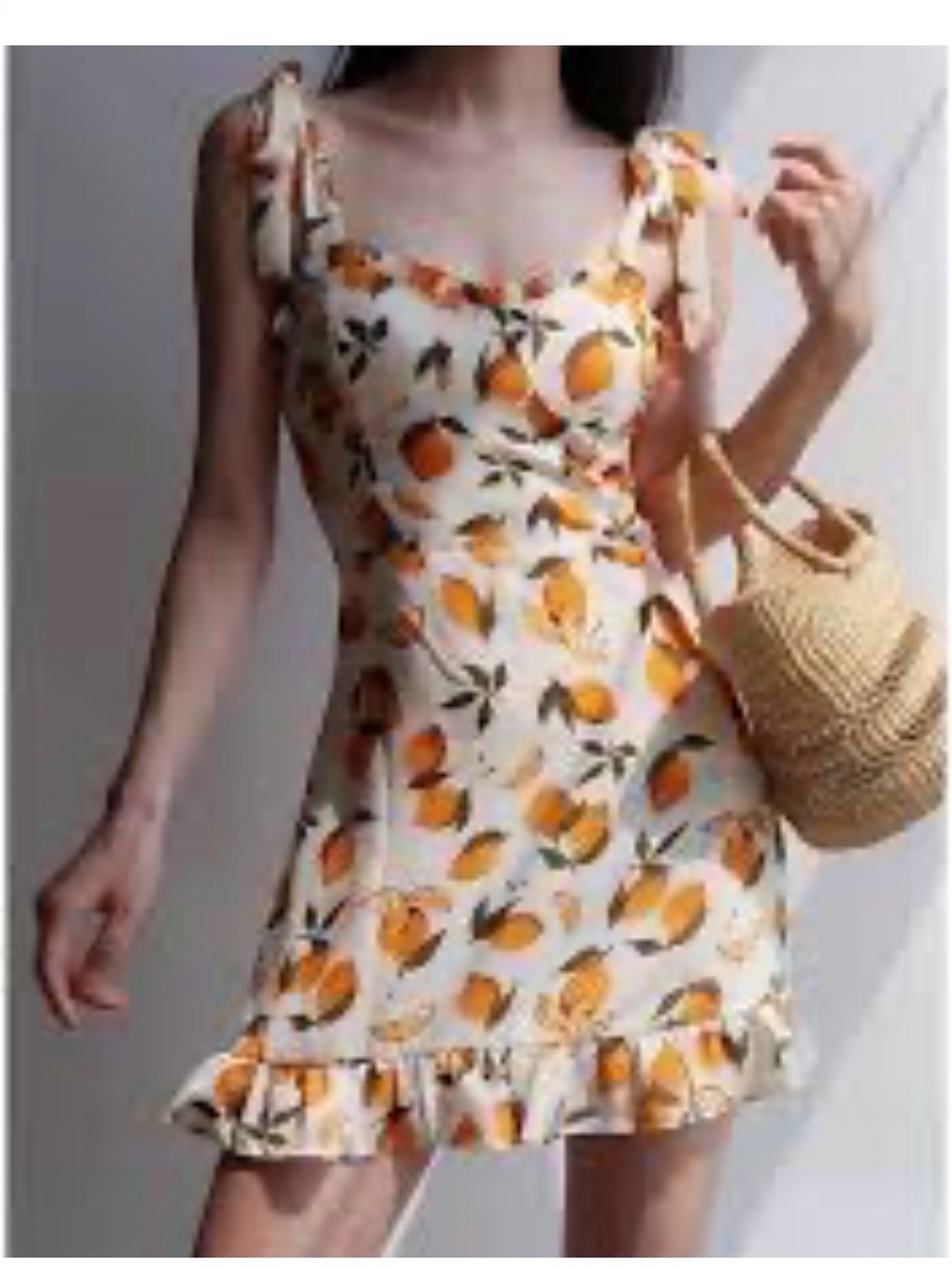 Aqua White Mini Dress with Orange Lemon Print and Tie Shoulders